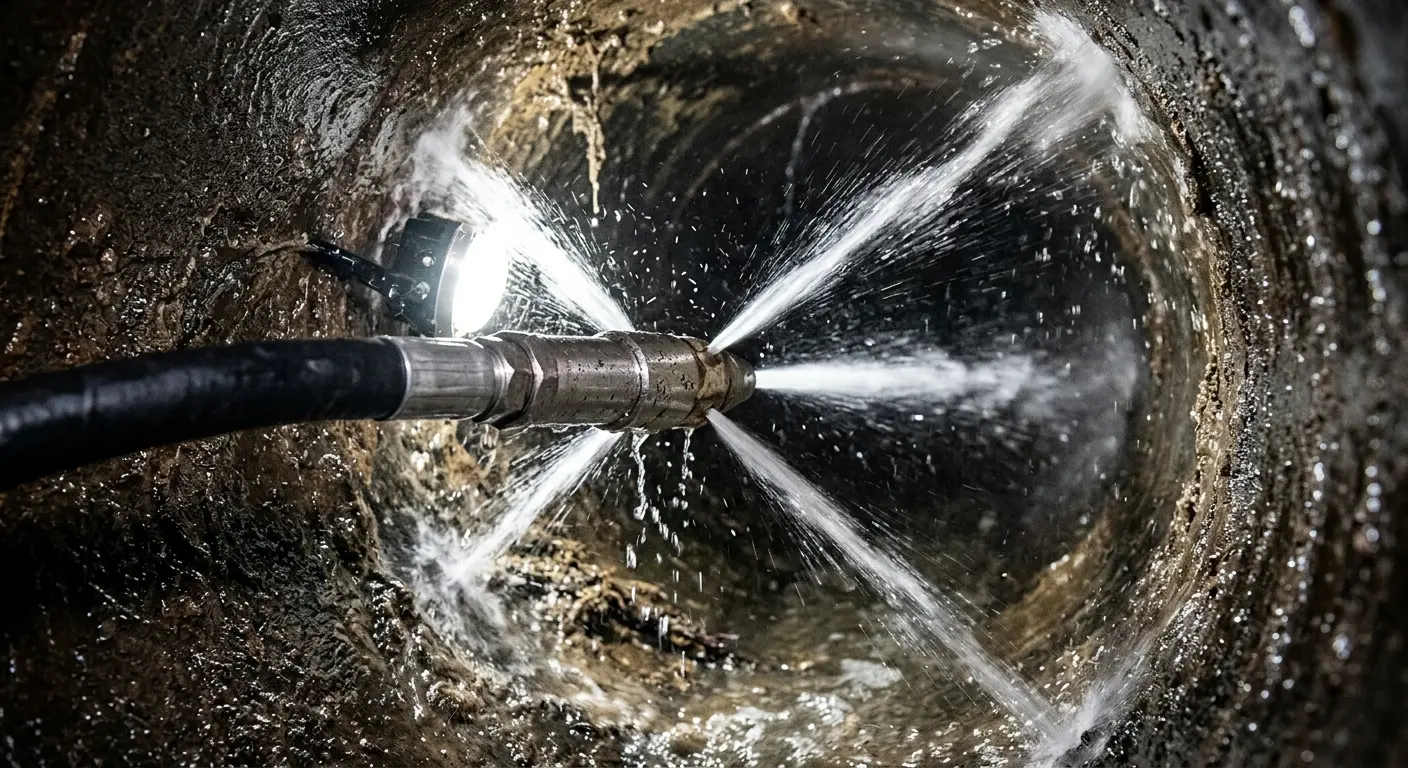 High-pressure hydro jetting nozzle cleaning sewer pipe for Emergency Drain Service in Buxton